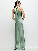 Alt View 1 Thumbnail - Seagrass Pleated Halter Bias Satin Maxi Dress with Self-Tie Bow Back