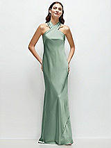 Front View Thumbnail - Seagrass Pleated Halter Bias Satin Maxi Dress with Self-Tie Bow Back