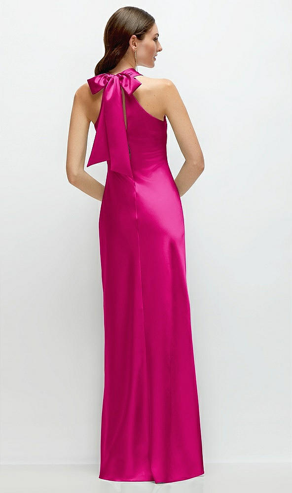 Back View - Think Pink Pleated Halter Bias Satin Maxi Dress with Self-Tie Bow Back