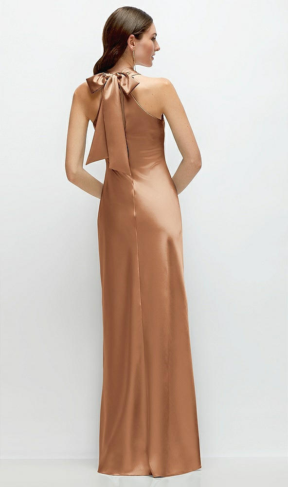 Back View - Toffee Pleated Halter Bias Satin Maxi Dress with Self-Tie Bow Back