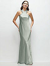 Front View Thumbnail - Willow Green Pleated Halter Bias Satin Maxi Dress with Self-Tie Bow Back