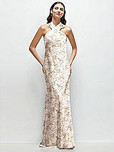 Front View Thumbnail - Golden Hour Floral Twist Pleated Halter Bias Satin Maxi Dress with Self-Tie Bow Back