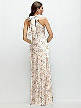 Rear View Thumbnail - Golden Hour Floral Twist Pleated Halter Bias Satin Maxi Dress with Self-Tie Bow Back