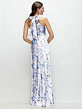 Rear View Thumbnail - Magnolia Sky Floral Twist Pleated Halter Bias Satin Maxi Dress with Self-Tie Bow Back