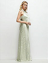 Side View Thumbnail - Vintage Primrose Celadon Floral Twist Pleated Halter Bias Satin Maxi Dress with Self-Tie Bow Back