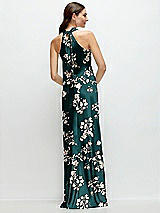 Alt View 1 Thumbnail - Vintage Primrose Evergreen Floral Twist Pleated Halter Bias Satin Maxi Dress with Self-Tie Bow Back