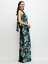 Side View Thumbnail - Vintage Primrose Evergreen Floral Twist Pleated Halter Bias Satin Maxi Dress with Self-Tie Bow Back