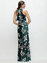 Rear View Thumbnail - Vintage Primrose Evergreen Floral Twist Pleated Halter Bias Satin Maxi Dress with Self-Tie Bow Back