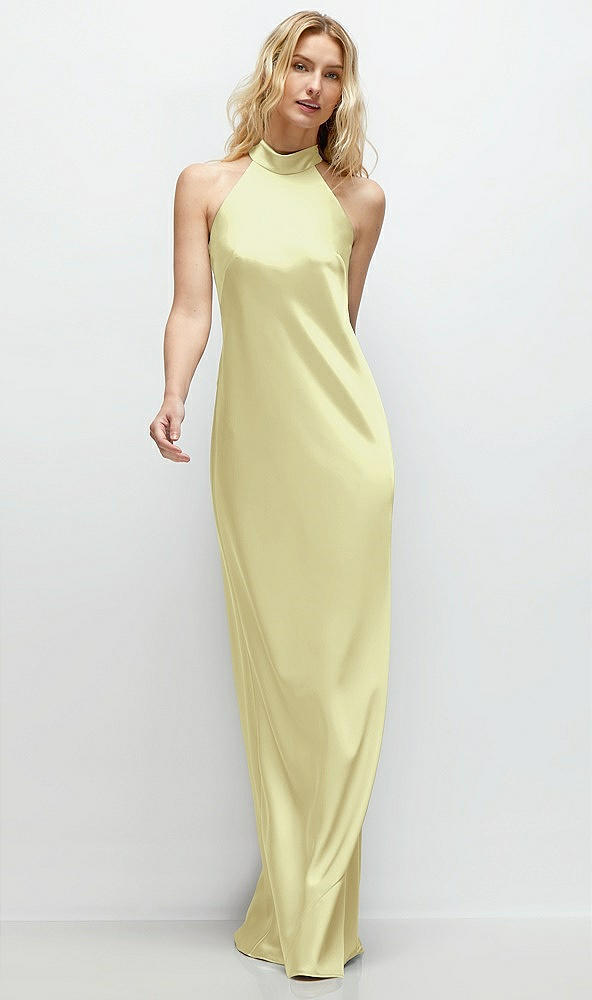 Front View - Butter Yellow Stand Collar Bias Satin Maxi Dress with Self-Tie Bow Back