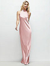 Front View Thumbnail - Ballet Pink Stand Collar Bias Satin Maxi Dress with Self-Tie Bow Back