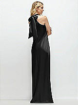 Rear View Thumbnail - Black Stand Collar Bias Satin Maxi Dress with Self-Tie Bow Back