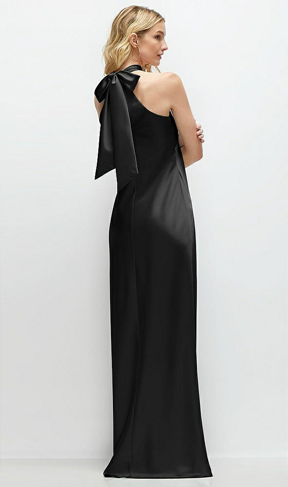 Back View - Black Stand Collar Bias Satin Maxi Dress with Self-Tie Bow Back