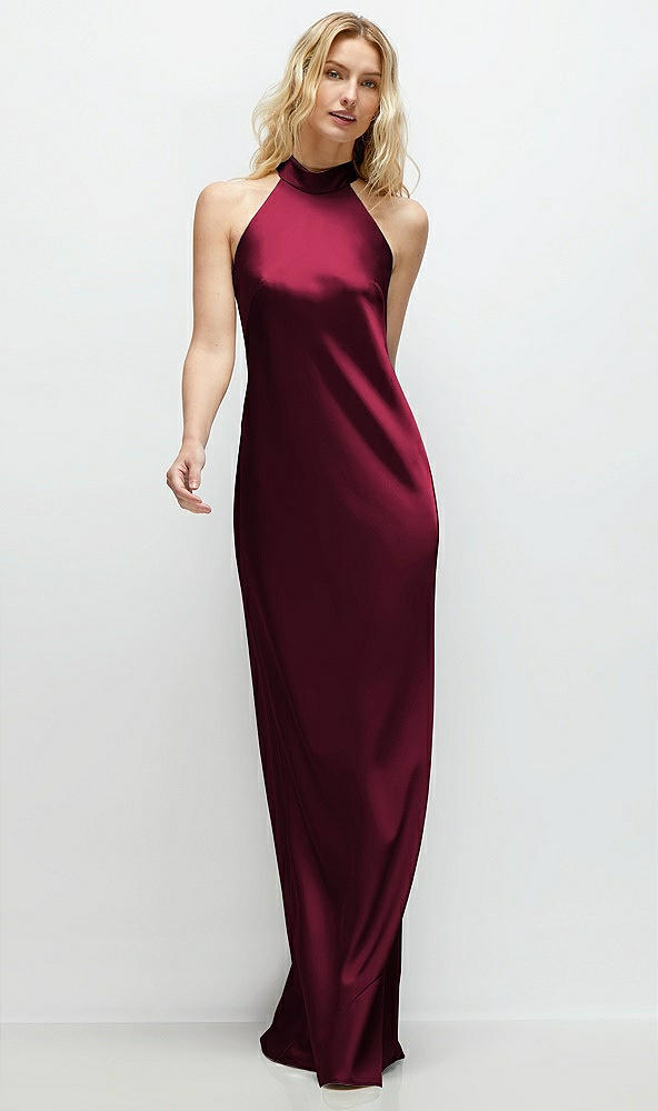 Front View - Cabernet Stand Collar Bias Satin Maxi Dress with Self-Tie Bow Back