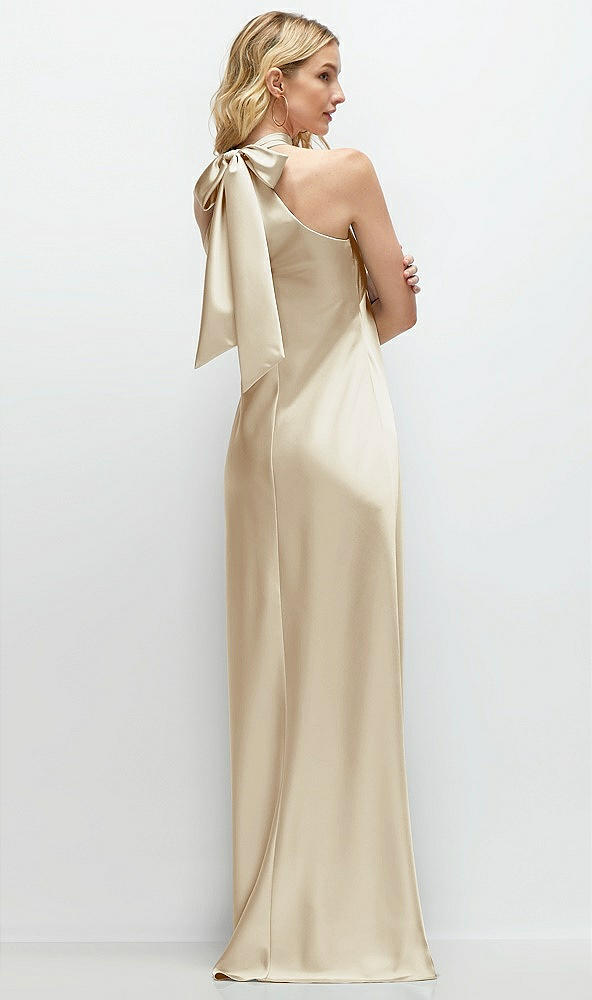 Back View - Champagne Stand Collar Bias Satin Maxi Dress with Self-Tie Bow Back