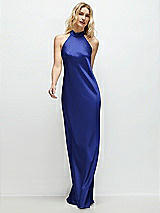 Front View Thumbnail - Cobalt Blue Stand Collar Bias Satin Maxi Dress with Self-Tie Bow Back