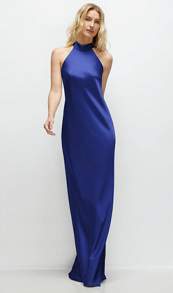 Front View - Cobalt Blue Stand Collar Bias Satin Maxi Dress with Self-Tie Bow Back