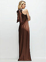 Rear View Thumbnail - Cognac Stand Collar Bias Satin Maxi Dress with Self-Tie Bow Back