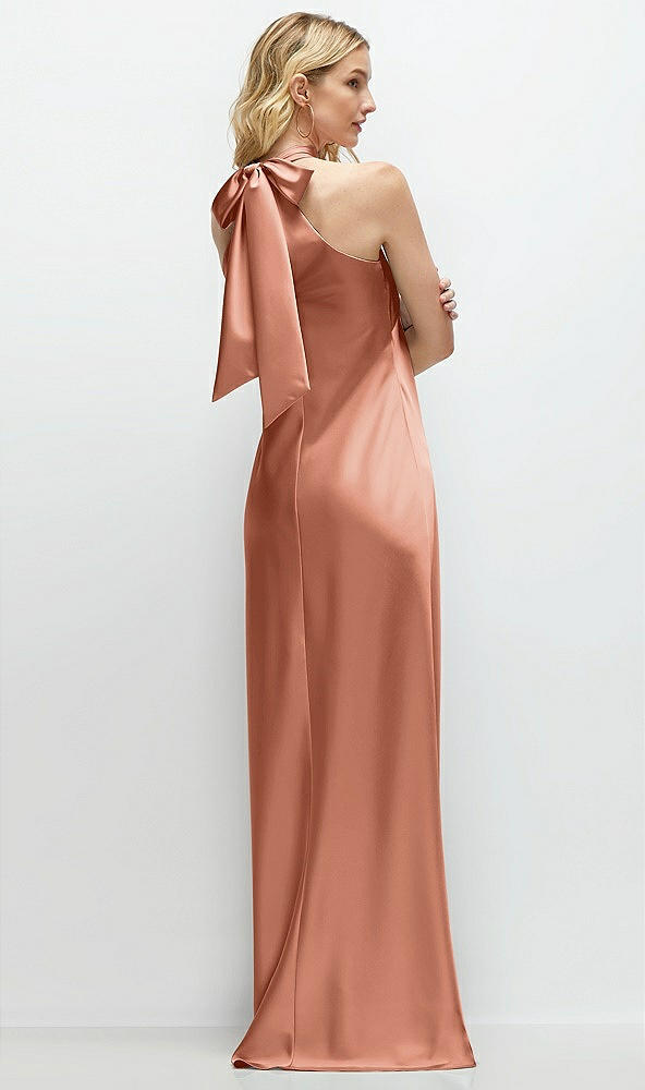 Back View - Copper Penny Stand Collar Bias Satin Maxi Dress with Self-Tie Bow Back