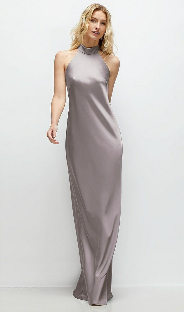 Front View - Cashmere Gray Stand Collar Bias Satin Maxi Dress with Self-Tie Bow Back