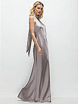 Side View Thumbnail - Cashmere Gray Stand Collar Bias Satin Maxi Dress with Self-Tie Bow Back