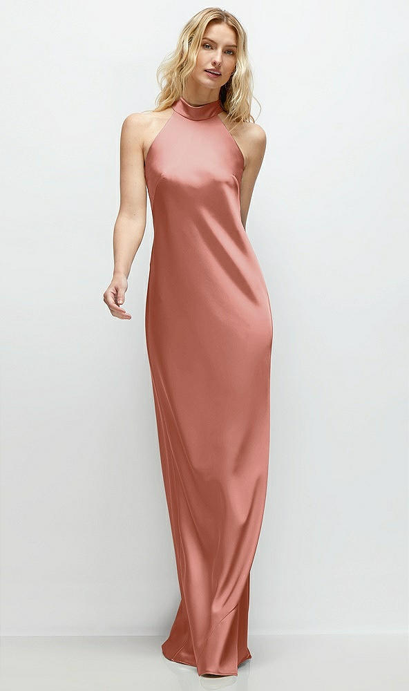 Front View - Desert Rose Stand Collar Bias Satin Maxi Dress with Self-Tie Bow Back