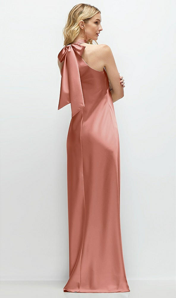 Back View - Desert Rose Stand Collar Bias Satin Maxi Dress with Self-Tie Bow Back