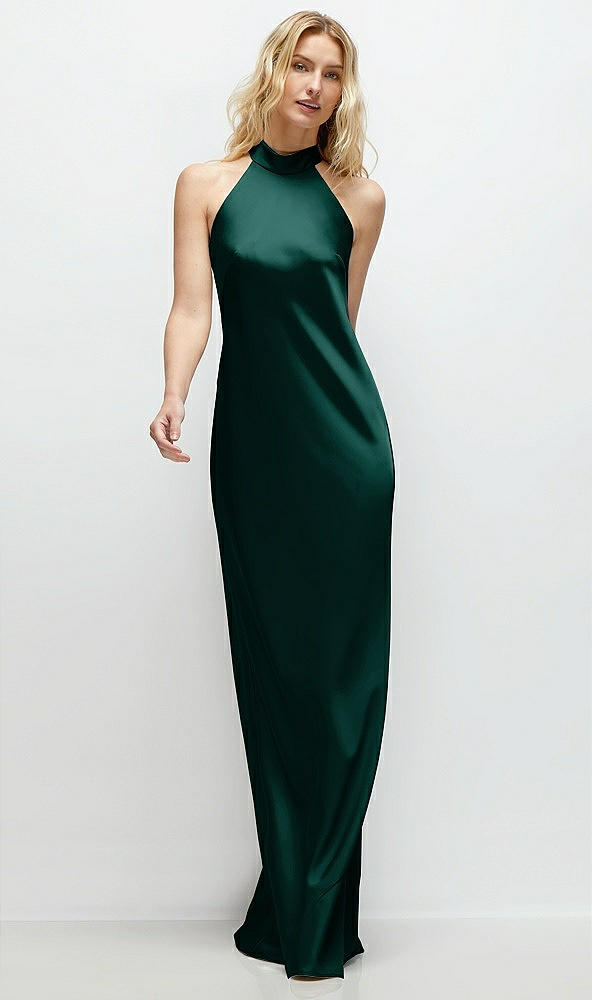 Front View - Evergreen Stand Collar Bias Satin Maxi Dress with Self-Tie Bow Back