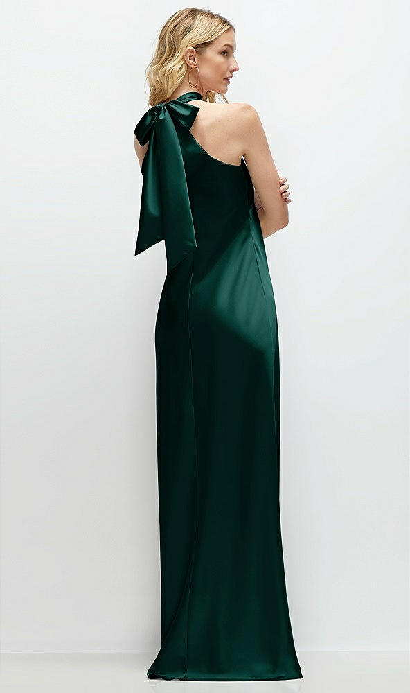 Back View - Evergreen Stand Collar Bias Satin Maxi Dress with Self-Tie Bow Back