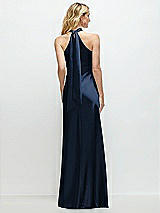 Alt View 1 Thumbnail - Midnight Navy Stand Collar Bias Satin Maxi Dress with Self-Tie Bow Back