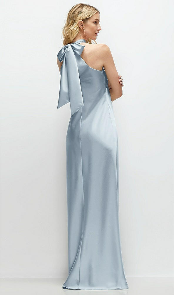 Back View - Mist Stand Collar Bias Satin Maxi Dress with Self-Tie Bow Back