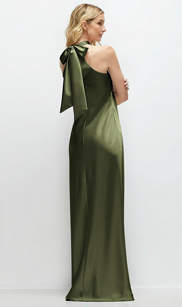 Back View - Olive Green Stand Collar Bias Satin Maxi Dress with Self-Tie Bow Back