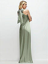 Rear View Thumbnail - Sage Stand Collar Bias Satin Maxi Dress with Self-Tie Bow Back