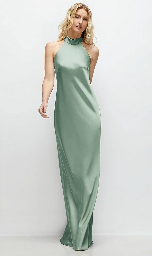 Front View - Seagrass Stand Collar Bias Satin Maxi Dress with Self-Tie Bow Back