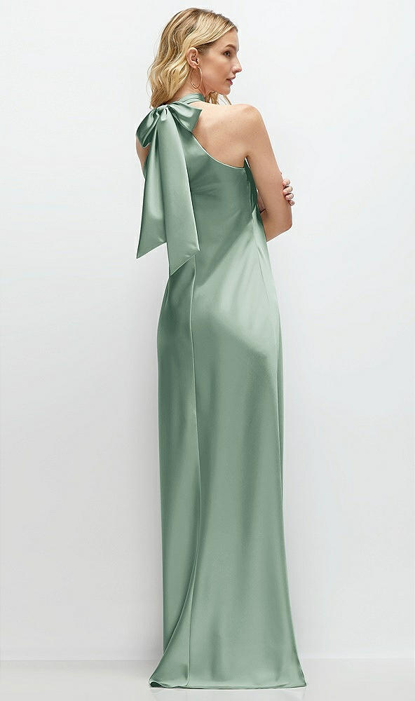 Back View - Seagrass Stand Collar Bias Satin Maxi Dress with Self-Tie Bow Back