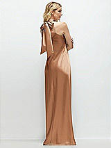 Rear View Thumbnail - Toffee Stand Collar Bias Satin Maxi Dress with Self-Tie Bow Back