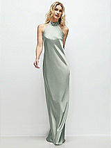 Front View Thumbnail - Willow Green Stand Collar Bias Satin Maxi Dress with Self-Tie Bow Back