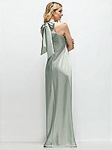 Rear View Thumbnail - Willow Green Stand Collar Bias Satin Maxi Dress with Self-Tie Bow Back