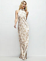 Front View Thumbnail - Golden Hour Floral Stand Collar Bias Satin Maxi Dress with Self-Tie Bow Back