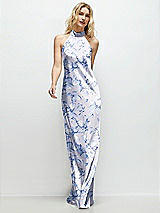 Front View Thumbnail - Magnolia Sky Floral Stand Collar Bias Satin Maxi Dress with Self-Tie Bow Back