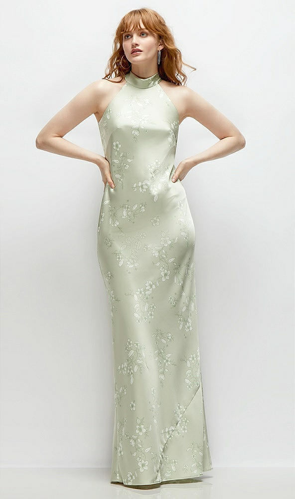 Front View - Vintage Primrose Celadon Floral Stand Collar Bias Satin Maxi Dress with Self-Tie Bow Back