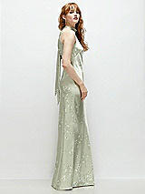 Side View Thumbnail - Vintage Primrose Celadon Floral Stand Collar Bias Satin Maxi Dress with Self-Tie Bow Back