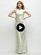 Video 1 Thumbnail - Magnolia Sky Floral Stand Collar Bias Satin Maxi Dress with Self-Tie Bow Back