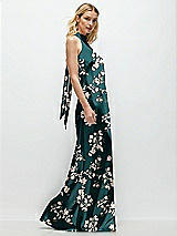 Side View Thumbnail - Vintage Primrose Evergreen Floral Stand Collar Bias Satin Maxi Dress with Self-Tie Bow Back