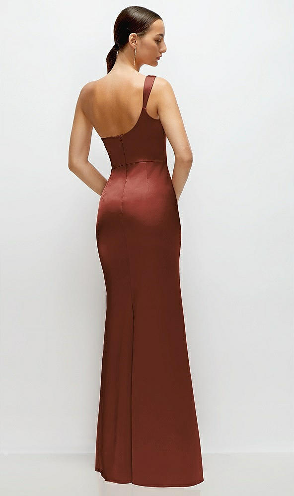 Back View - Auburn Moon One-Shoulder Cat-Eye Neckline Fit and Flare Satin Maxi Dress