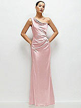 Front View Thumbnail - Ballet Pink One-Shoulder Cat-Eye Neckline Fit and Flare Satin Maxi Dress