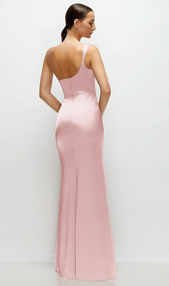 Back View - Ballet Pink One-Shoulder Cat-Eye Neckline Fit and Flare Satin Maxi Dress