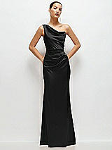 Front View Thumbnail - Black One-Shoulder Cat-Eye Neckline Fit and Flare Satin Maxi Dress