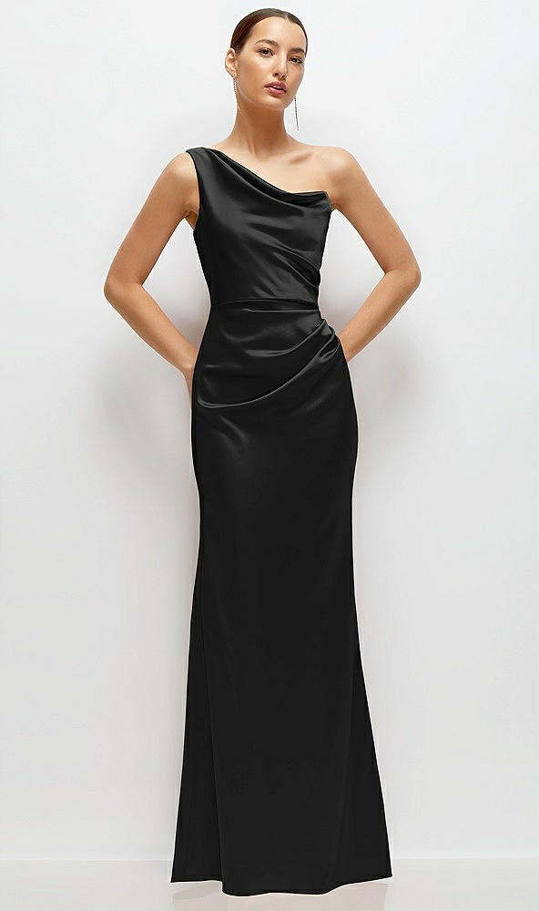 Front View - Black One-Shoulder Cat-Eye Neckline Fit and Flare Satin Maxi Dress