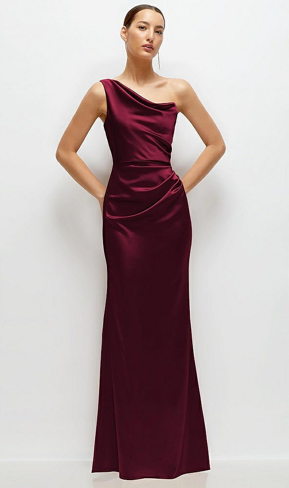 Front View - Cabernet One-Shoulder Cat-Eye Neckline Fit and Flare Satin Maxi Dress