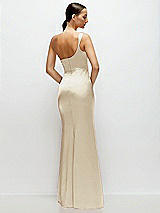 Rear View Thumbnail - Champagne One-Shoulder Cat-Eye Neckline Fit and Flare Satin Maxi Dress